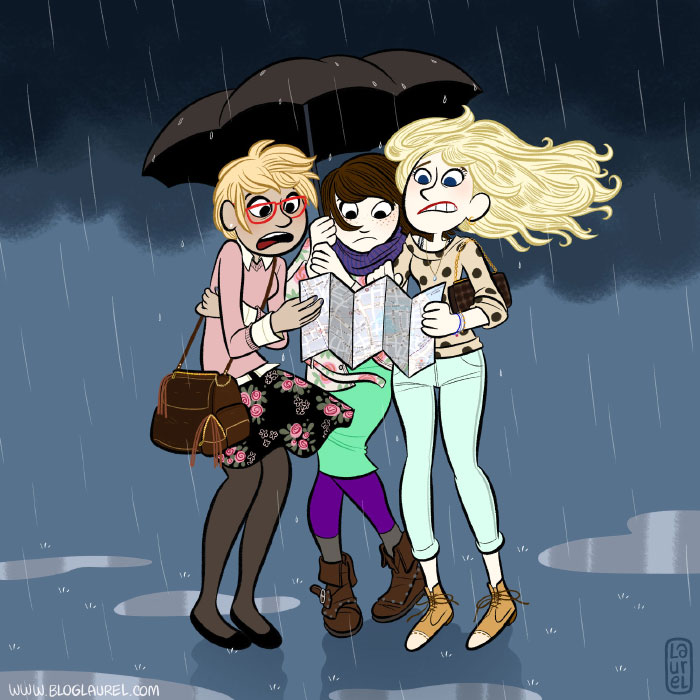 Girls lost in Paris, under the rain. 