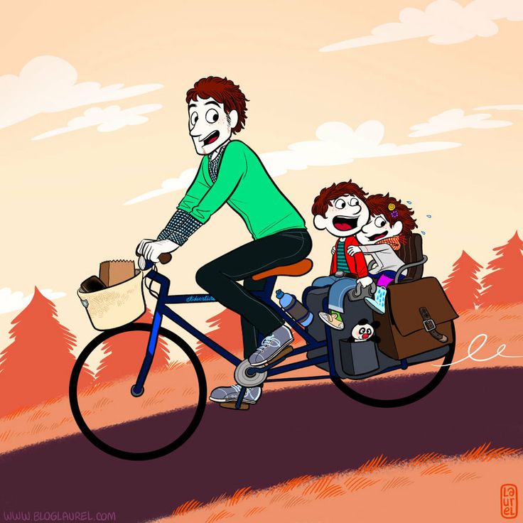 A father with his two children on a tandem!