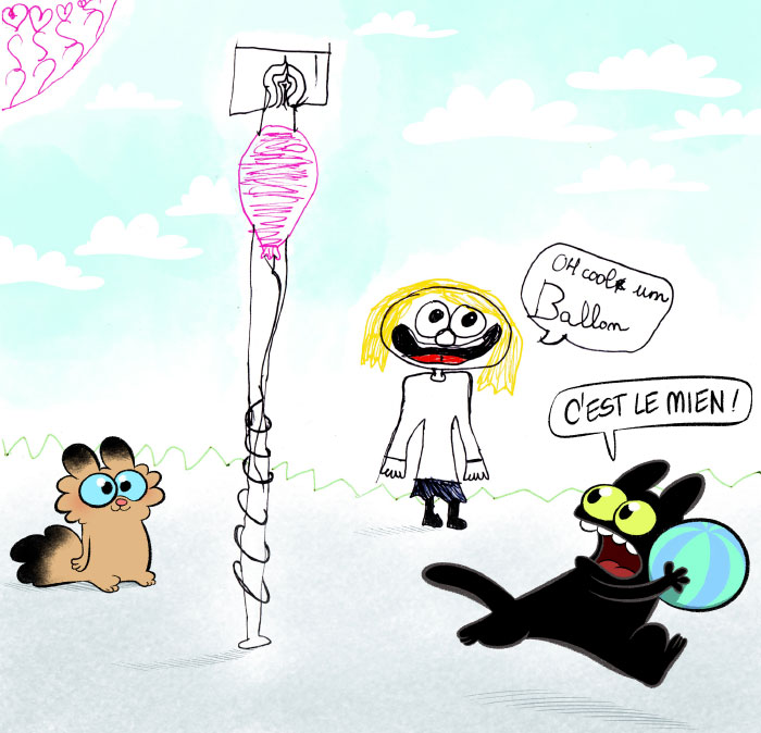 Un fanart d'une jeune lectrice de la BD "Cerise", que j'ai complété en ajoutant les deux chats, Brume et Pelote. 