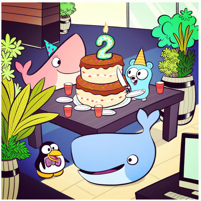 Happy birthday Moby Dock from Docker! Two years, yeah! 