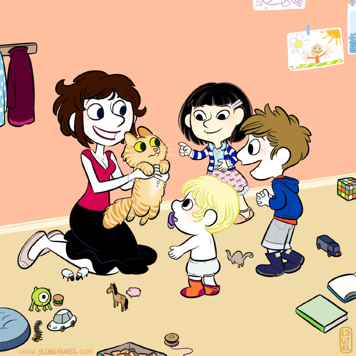 A girl with a kitten in a school. 