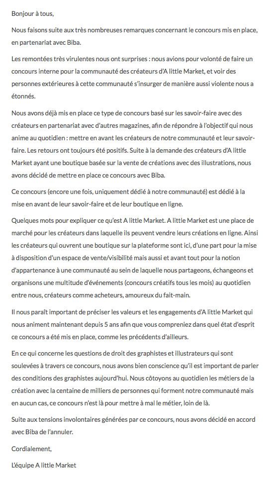 A little market annule le concours avec Biba. 