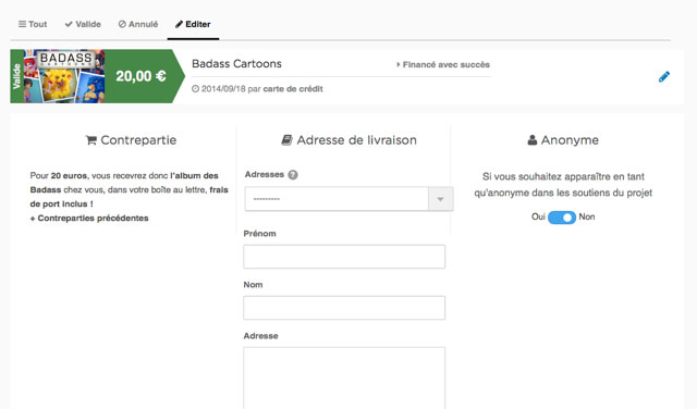 Comment changer son nom, l'enlever, renseigner son adresse à la fin d'une campagne sur Ulule. 