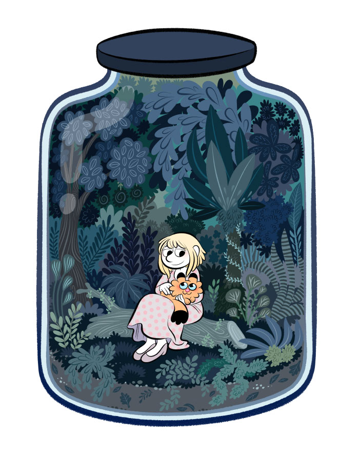 Dans un bocal, une forêt étrange et bleue... et un chat!