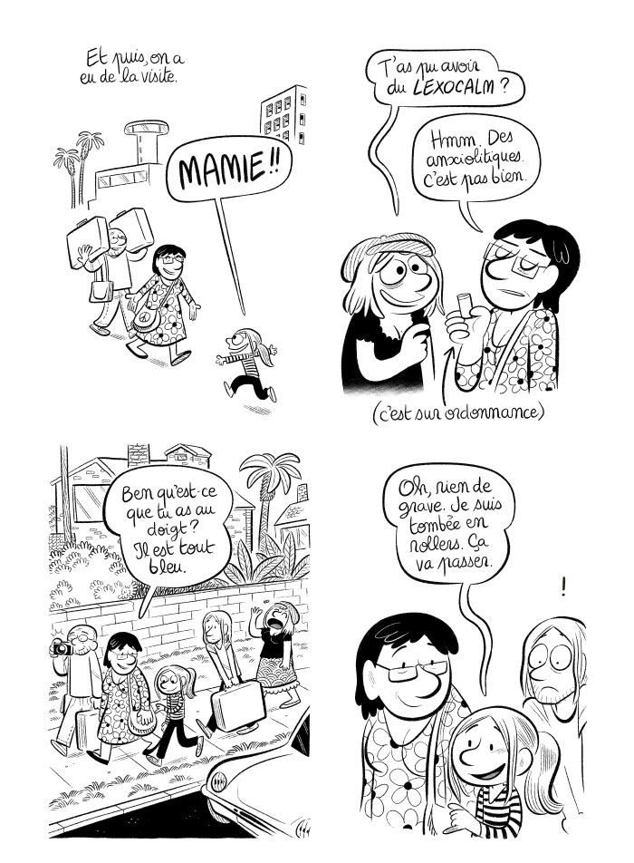 Je prends du Lexomil (des anxiolytiques). Cerise indique que son doigt est bleu car elle est tombée en rollers. 