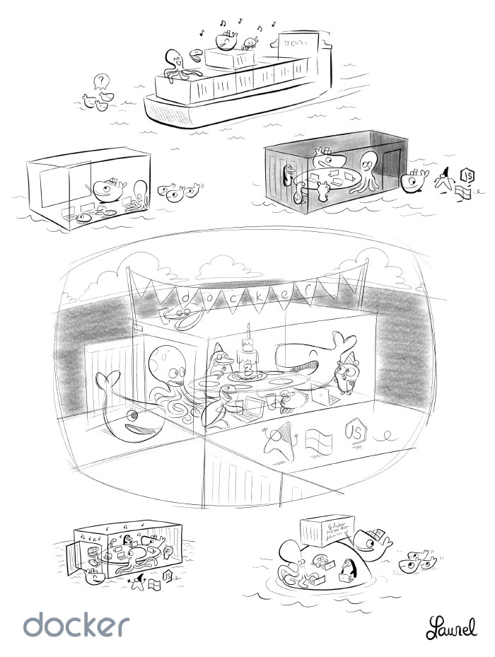 Des illustrations de Laurel Duermael pour Docker. Crayonnés, recherches graphiques, encrages et enfin couleurs. Toutes les étapes ! 