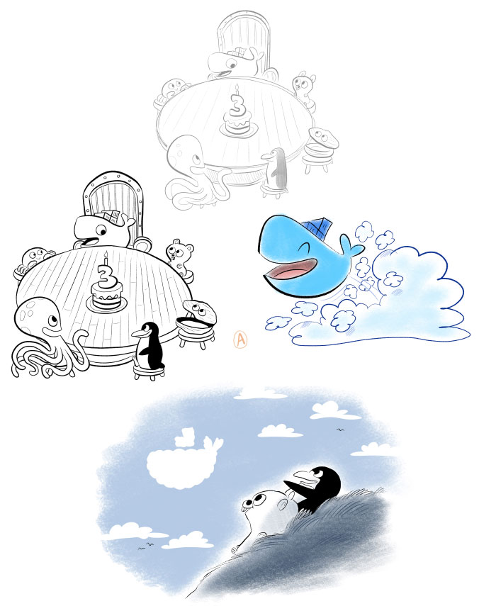 Des illustrations de Laurel Duermael pour Docker. Crayonnés, recherches graphiques, encrages et enfin couleurs. Toutes les étapes ! 