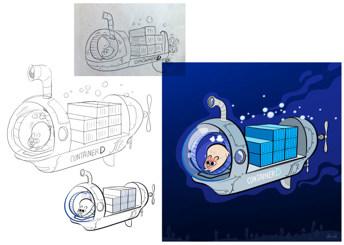 Des illustrations de Laurel Duermael pour Docker. Crayonnés, recherches graphiques, encrages et enfin couleurs. Toutes les étapes ! 