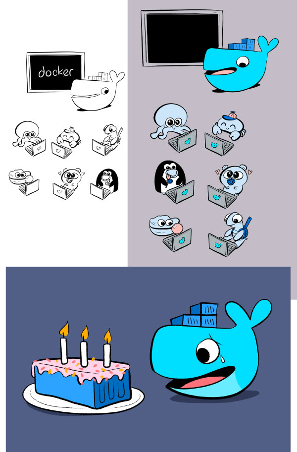 Des illustrations de Laurel Duermael pour Docker. Crayonnés, recherches graphiques, encrages et enfin couleurs. Toutes les étapes ! 
