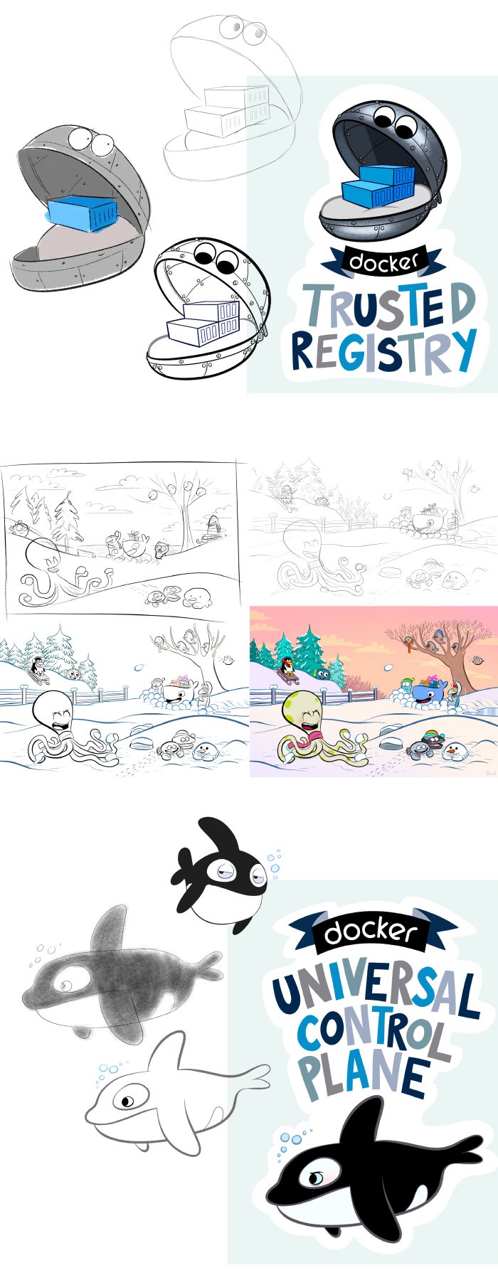 Quelques croquis puis des illustrations finies pour Docker - Laurel Duermael 