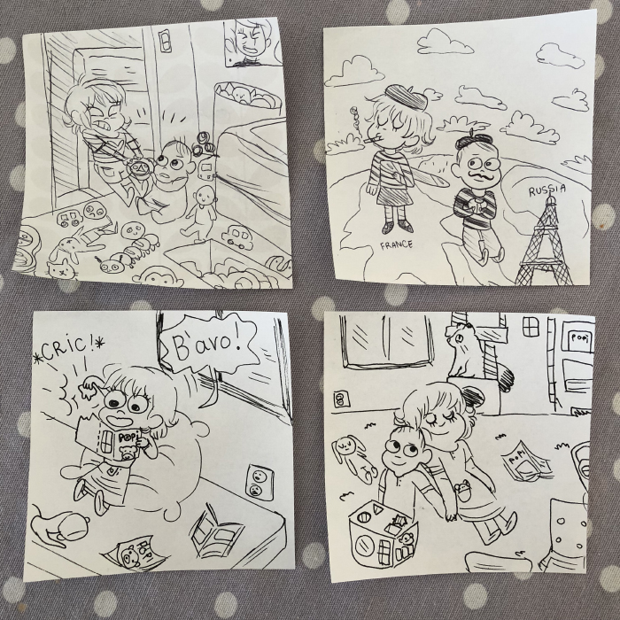 Cerise dessine des dessins de notre vie quotidienne en famille, avec son frère et sa soeur. 